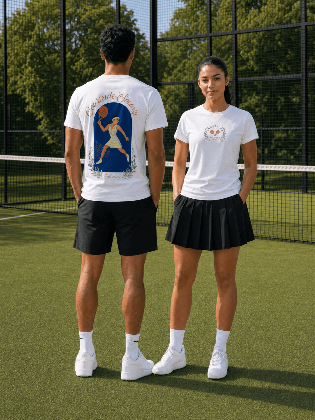 Two models wearing the Courtside Society Court Tee